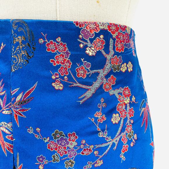 Y2K Brocade Royal Blue Asian Floral Side Slit Mini Skirt - Picture 2 of 8